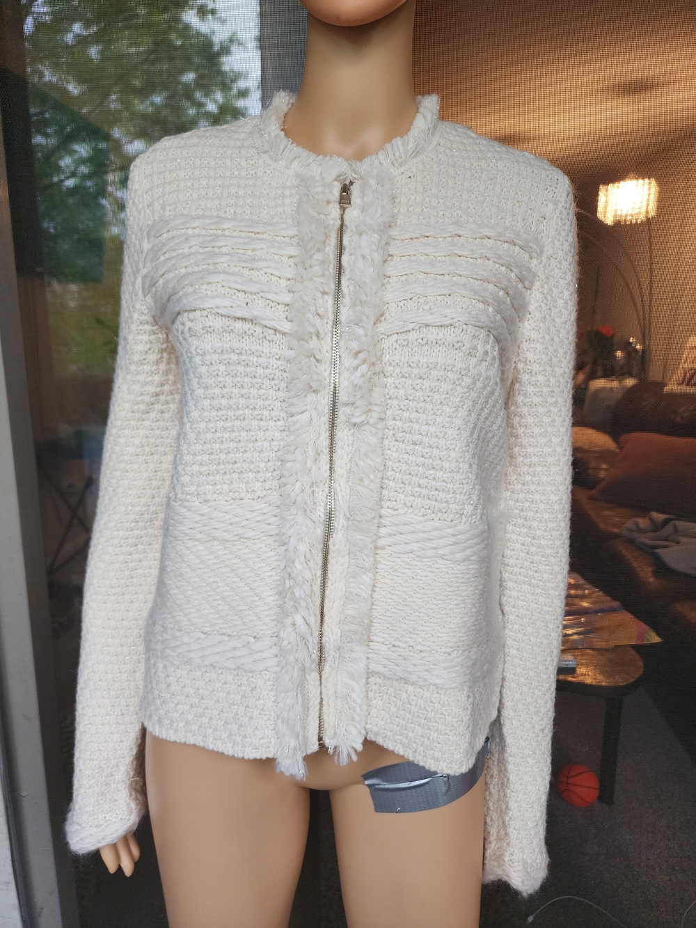 Ann Taylor Cream Chunky Knit Zip-Front Sweater
